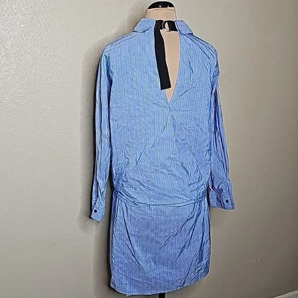 Zara Small Shirt Dress Button Front Blue Stripe Twist Front Long sleeve - Picture 6 of 11